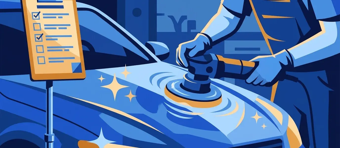 Illustration of a detailer polishing a car hood next to a price checklist