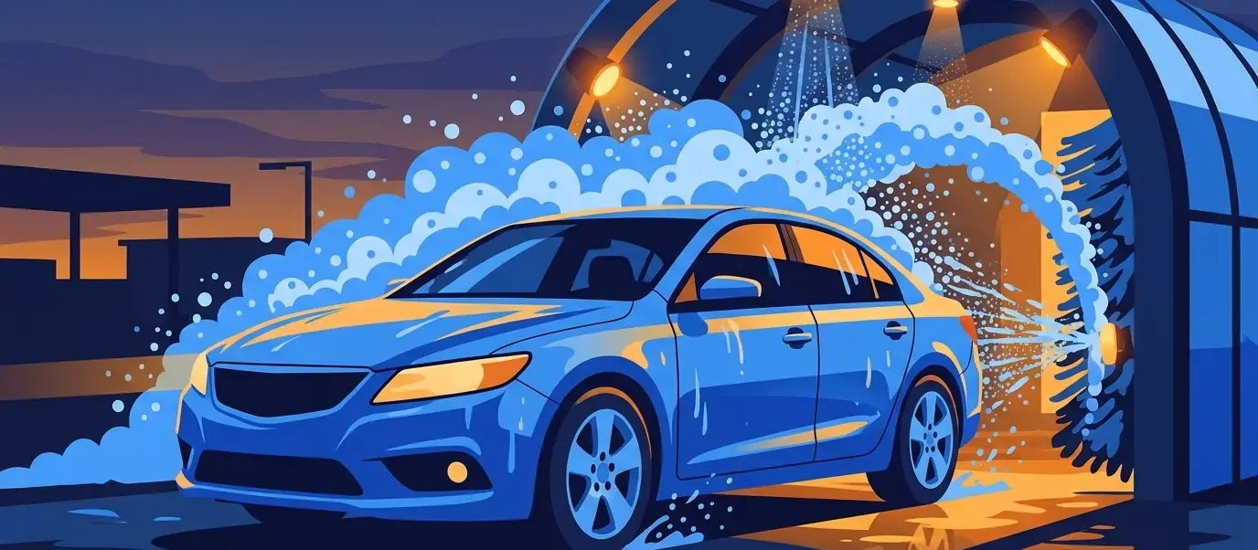 Illustration of a shiny car rolling out of a car wash tunnel under blue foam arches